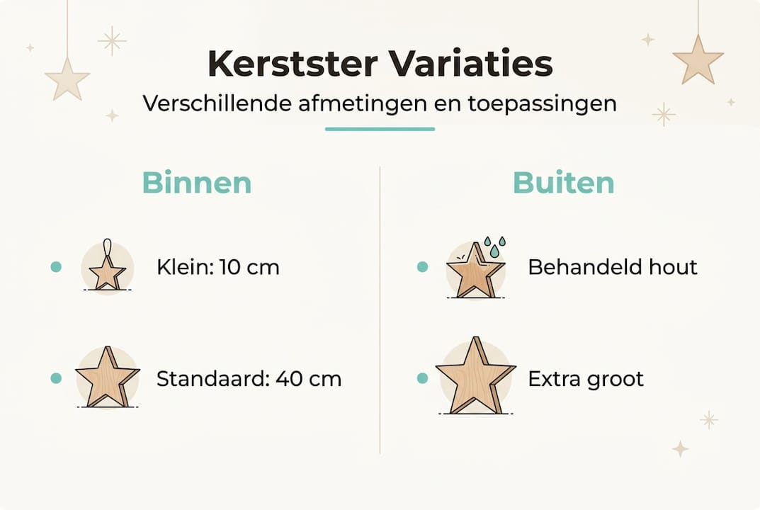 Infographic met verschillende houten kerststerren en creatieve manieren om ze te gebruiken