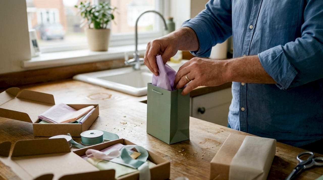 Iemand vult een cadeautasje zorgvuldig met vloeipapier om het extra feestelijk te maken.
