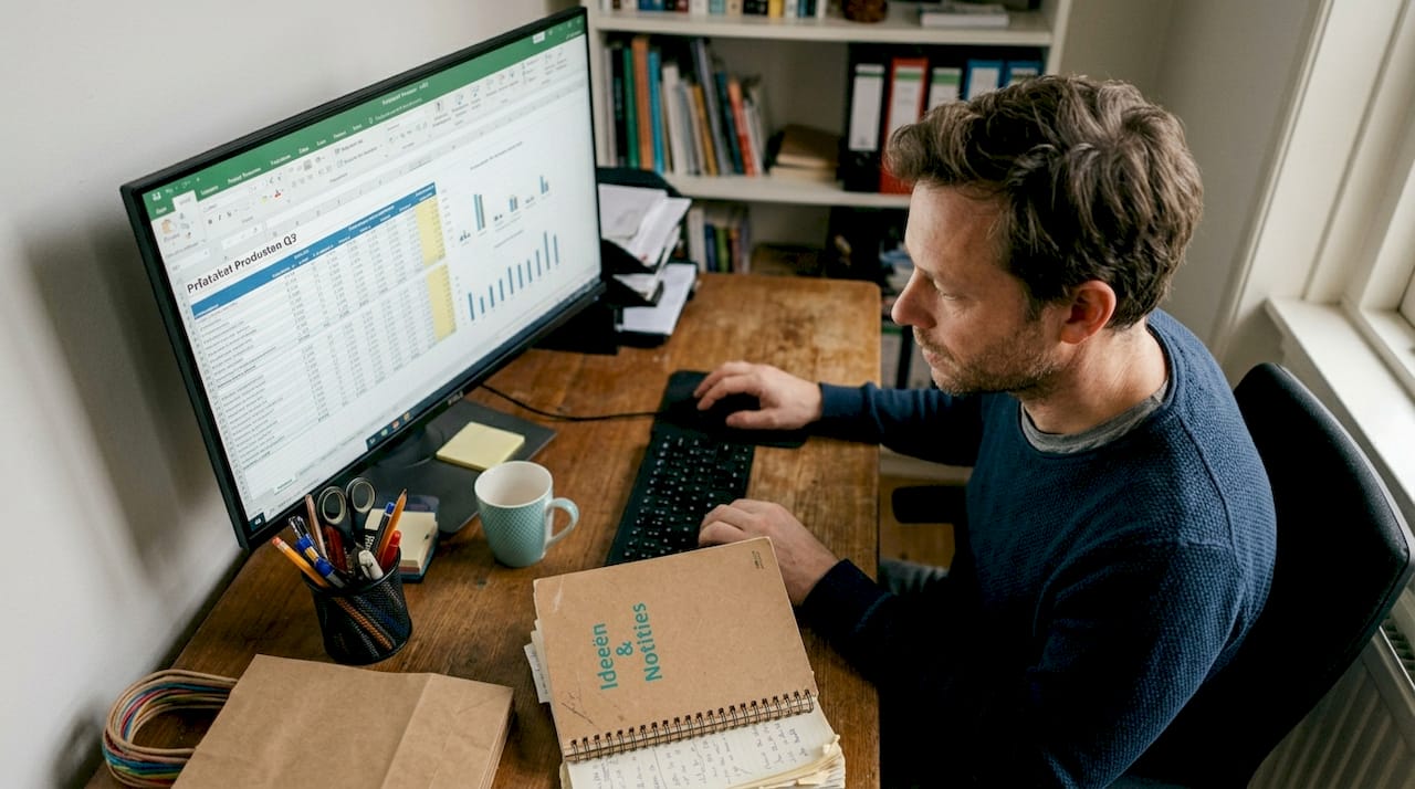 Man vergelijkt prijzen van cadeauzakjes achter zijn bureau