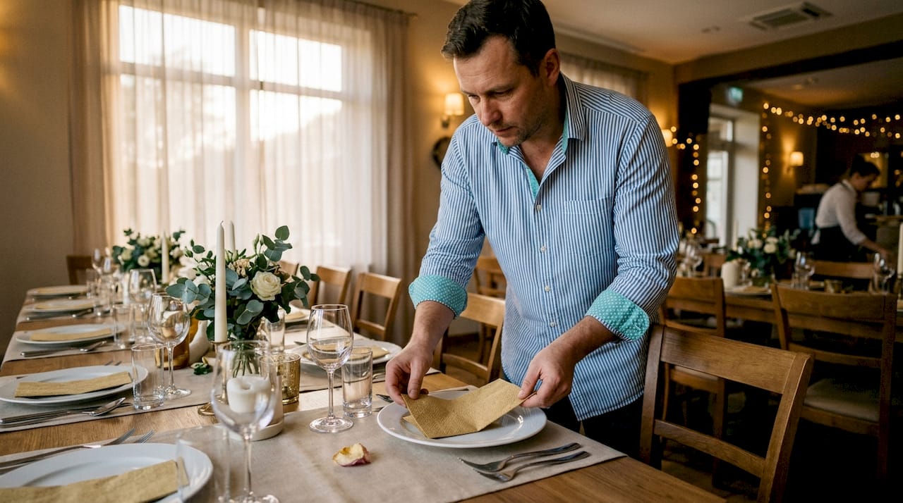 Man legt gouden servet op feestelijk gedekte tafel