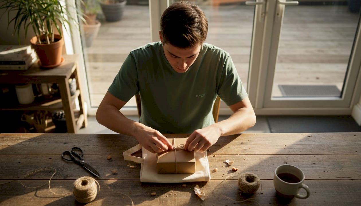 Een man pakt een cadeau in met een katoenen draagtas.