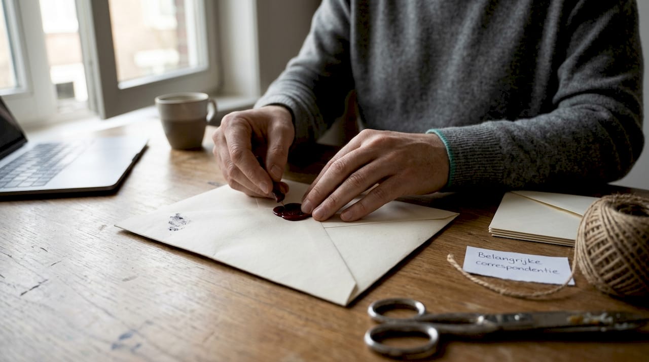 Met zorg sluiten handen een grote envelop, verzegeld met een lakstempel.