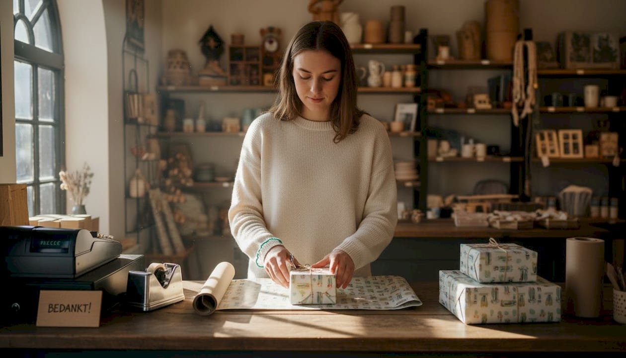 Een medewerker in de winkel is bezig met het klaarmaken van cadeaupapier aan de toonbank.