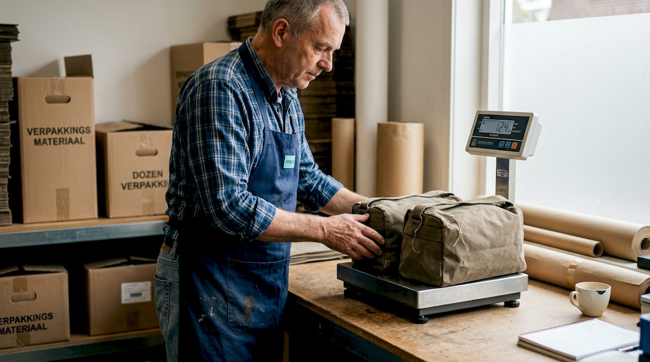 Winkelmedewerker vergelijkt de gewichten van verschillende canvas tassen