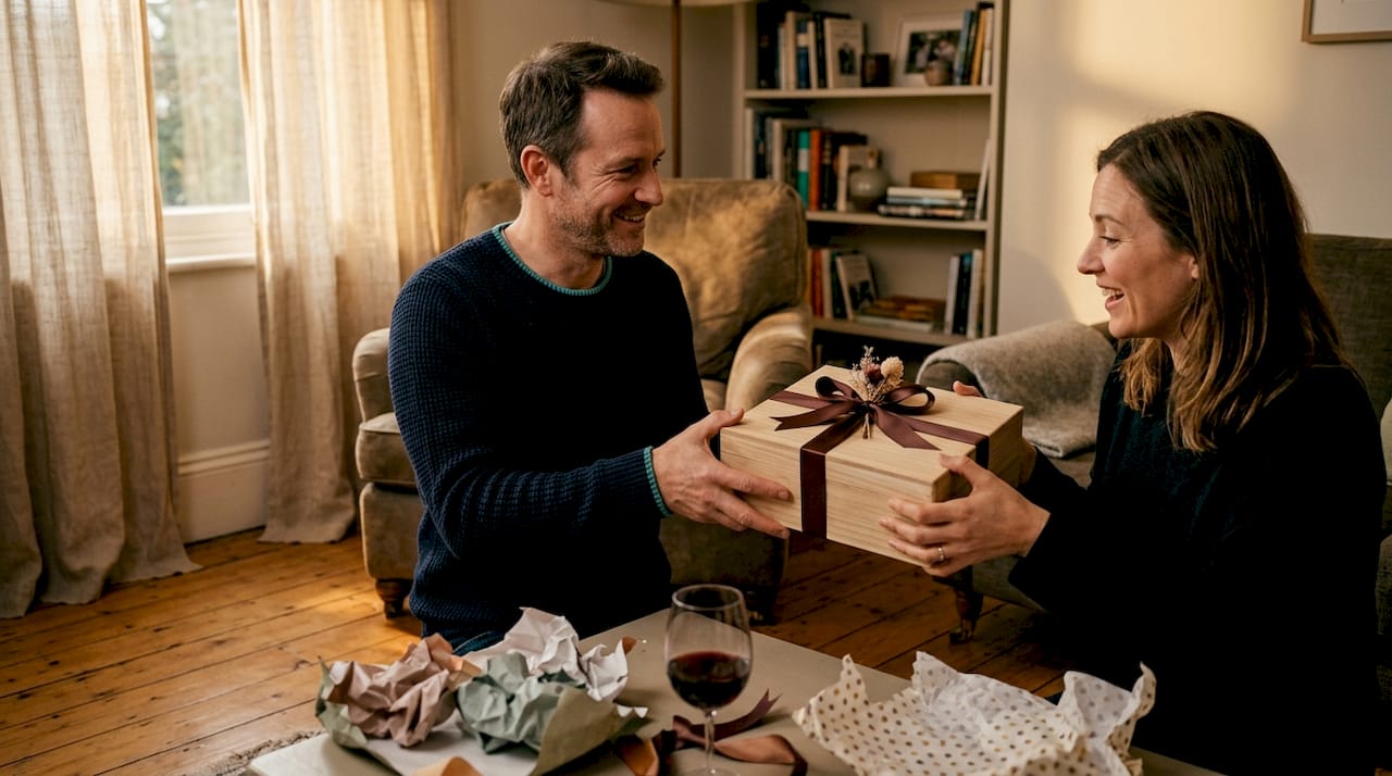 De houten geschenkdoos wordt op een feestelijke manier overhandigd.