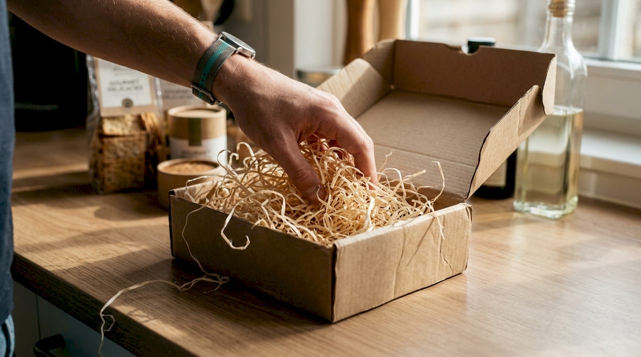 Een hand legt houtwol in een kerstpakketdoos