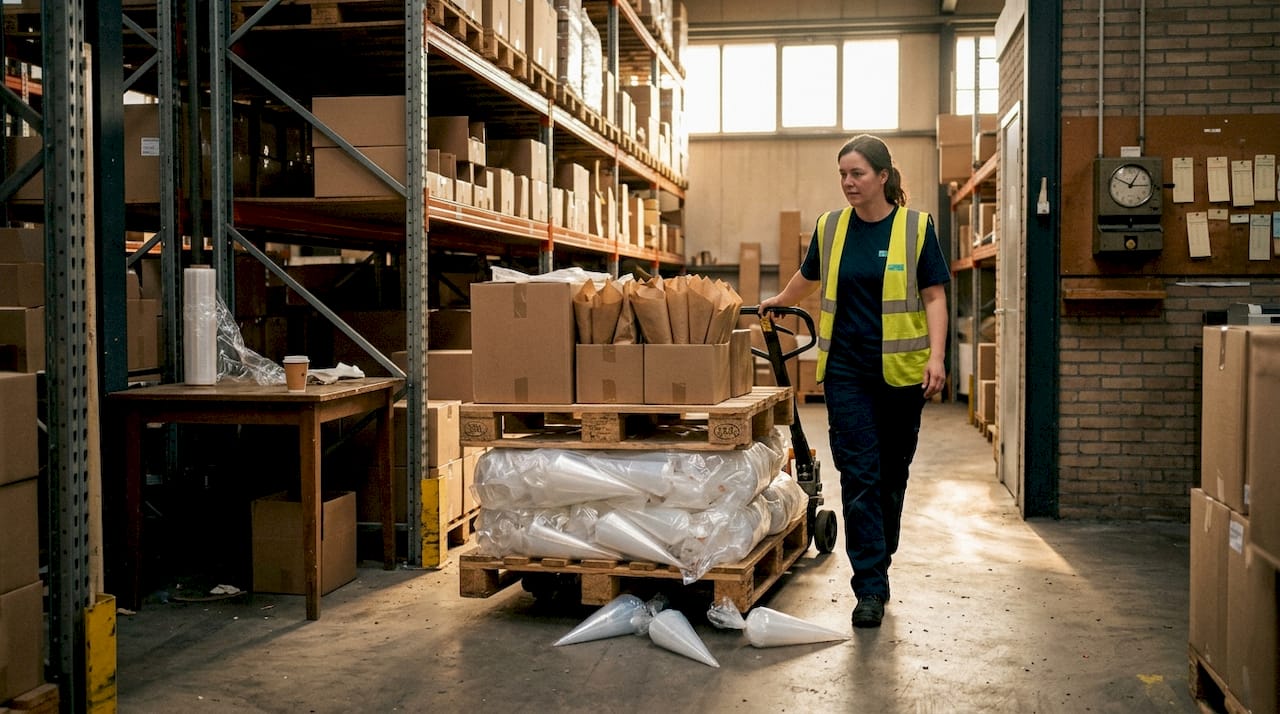 Opslag van plastic en papieren puntzakken in het magazijn