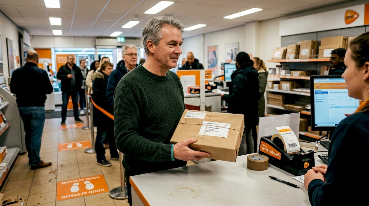 Man levert pakket af aan het loket bij het postkantoor