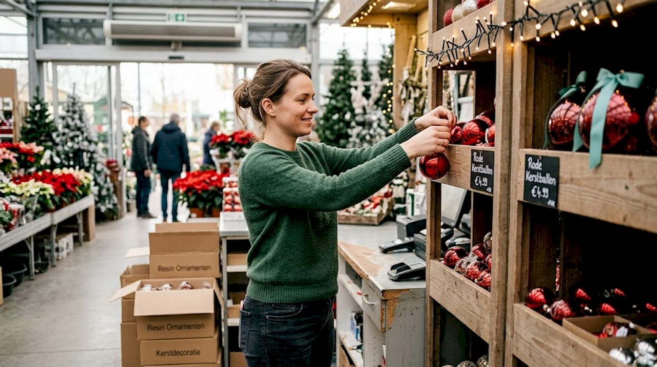 Een medewerker van de winkel hangt rode kerstdecoratie op.
