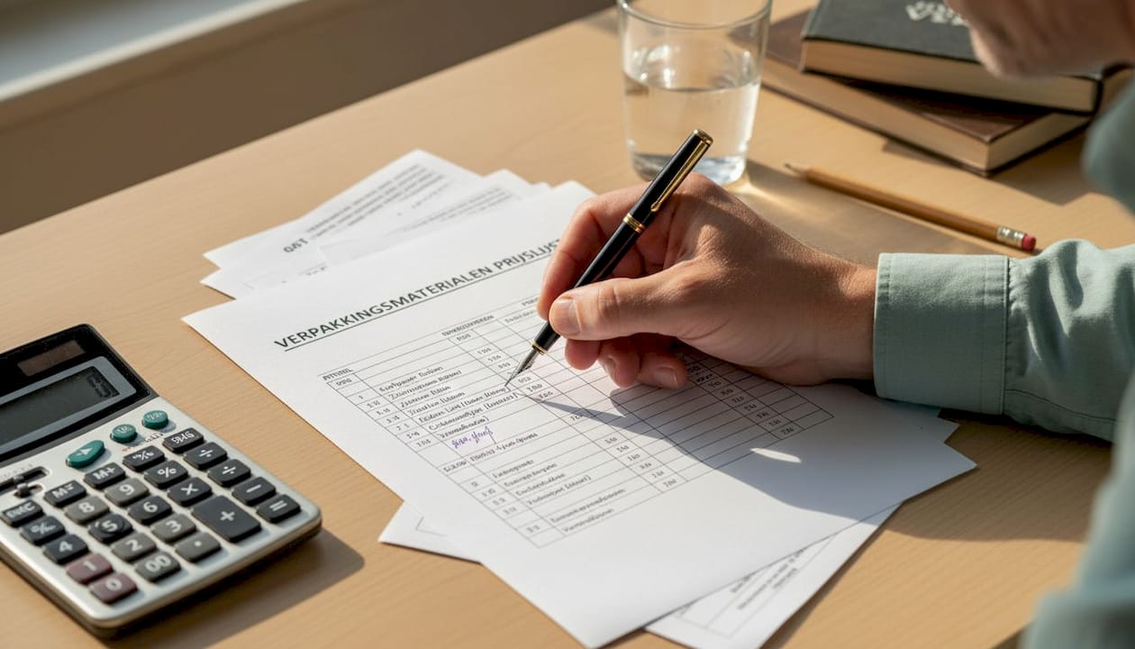 Met de hand worden de prijzen op een papieren lijst genoteerd.