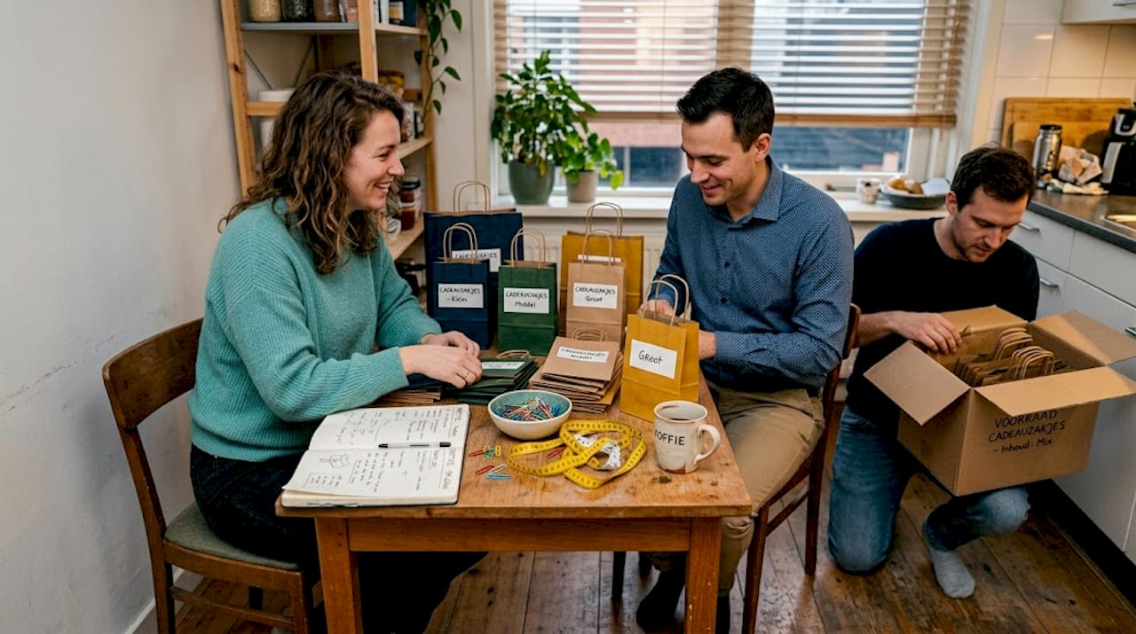 De collega’s zijn bezig de cadeauzakjes te sorteren op formaat en soort.