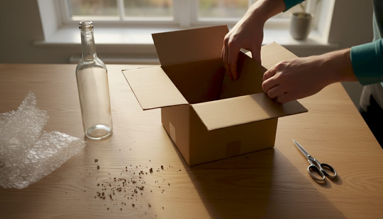 Met de handen wordt het inzetstuk in de wijnverzenddoos gelegd.