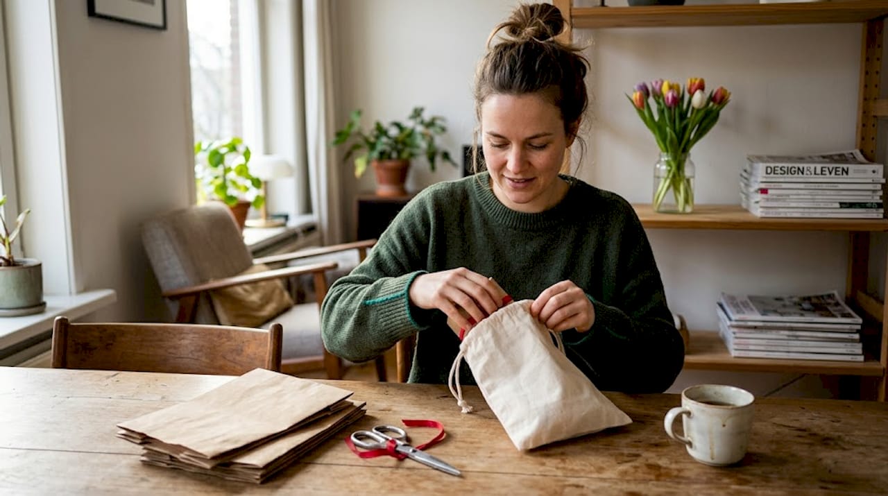 Een vrouw wikkelt haar cadeau in een duurzaam katoenen zakje.
