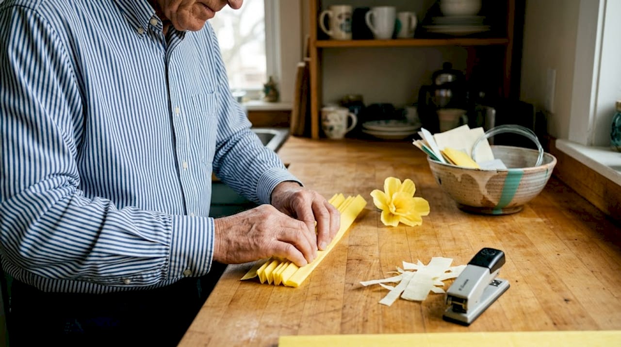 Met zorgzame, oudere handen wordt een bloem gevouwen van geel crêpepapier.