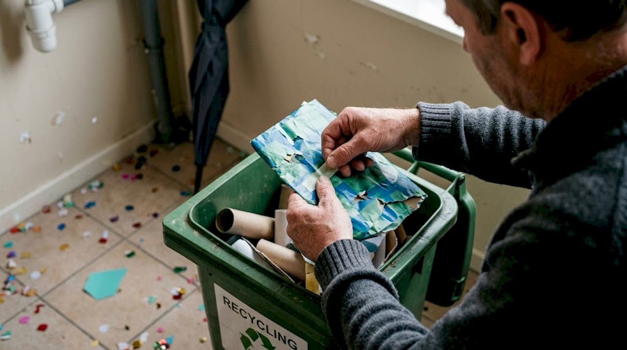 Met mijn handen trek ik een stukje plakband van het rolletje terwijl ik het inpakpapier vasthoud.