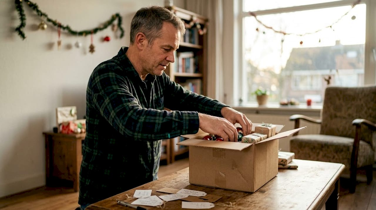 Man stopt mini gehaktballetjes in kerstpakket