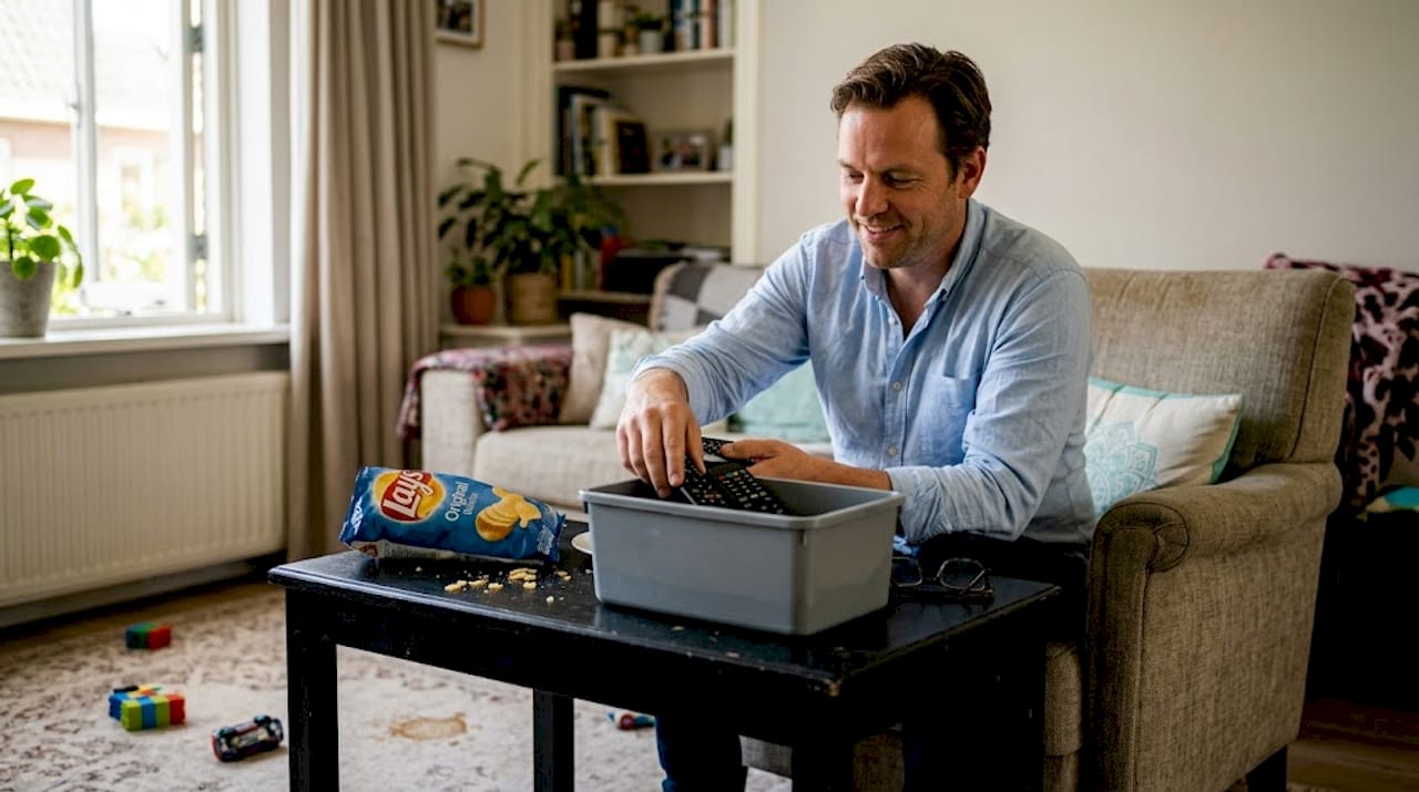 Een man bewaart zijn afstandsbedieningen netjes in een opbergbox.