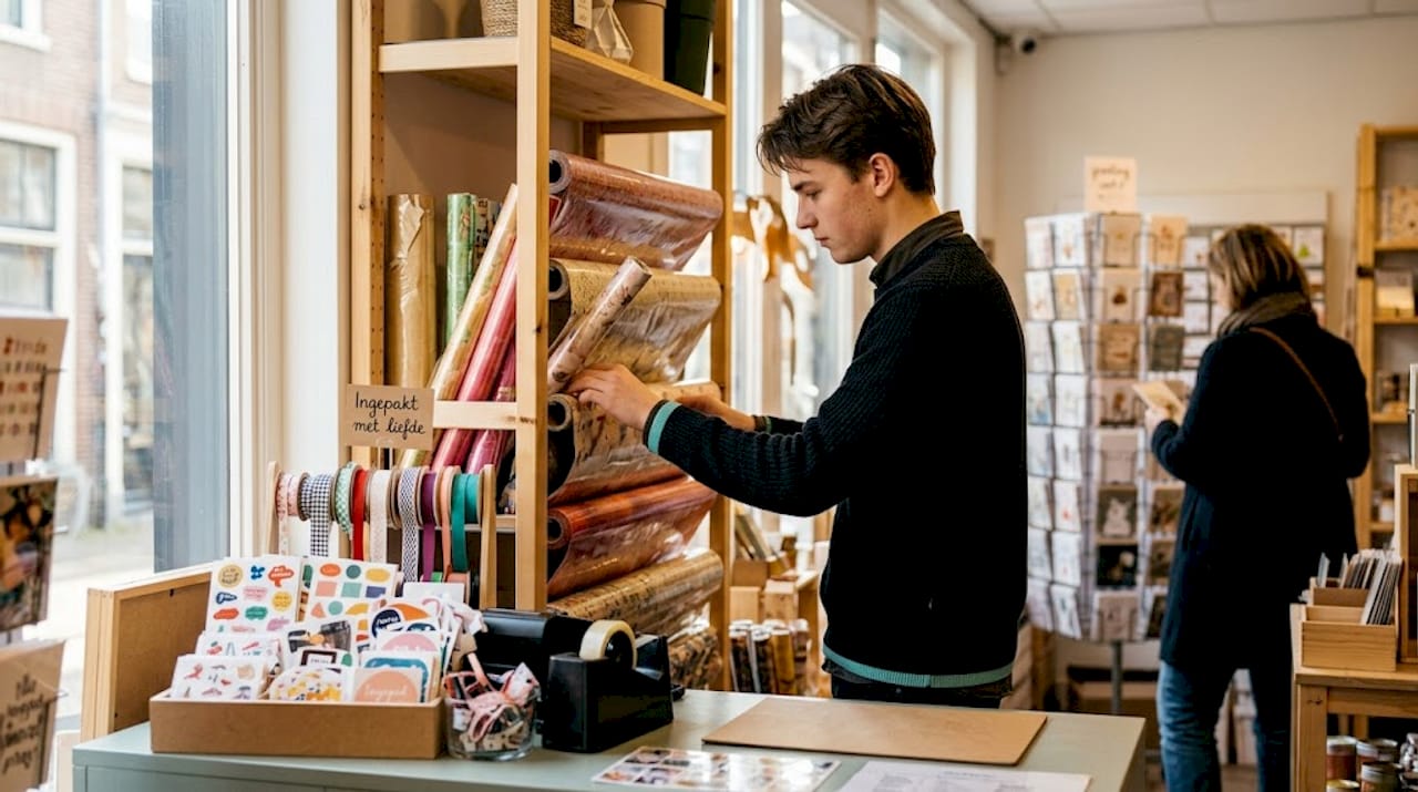 Een winkelmedewerker die de verpakkingen netjes in het schap zet en het presentatierek ordent.