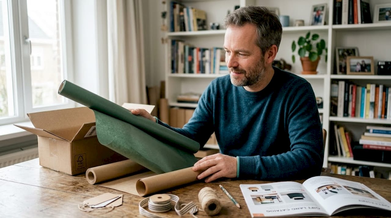 Man onderzoekt de verschillen tussen luxe en milieuvriendelijk inpakpapier