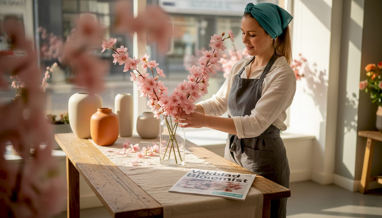 In de bloemenwinkel schikt de bloemist met zorg zachtroze bloemetjes tot een prachtig boeket.