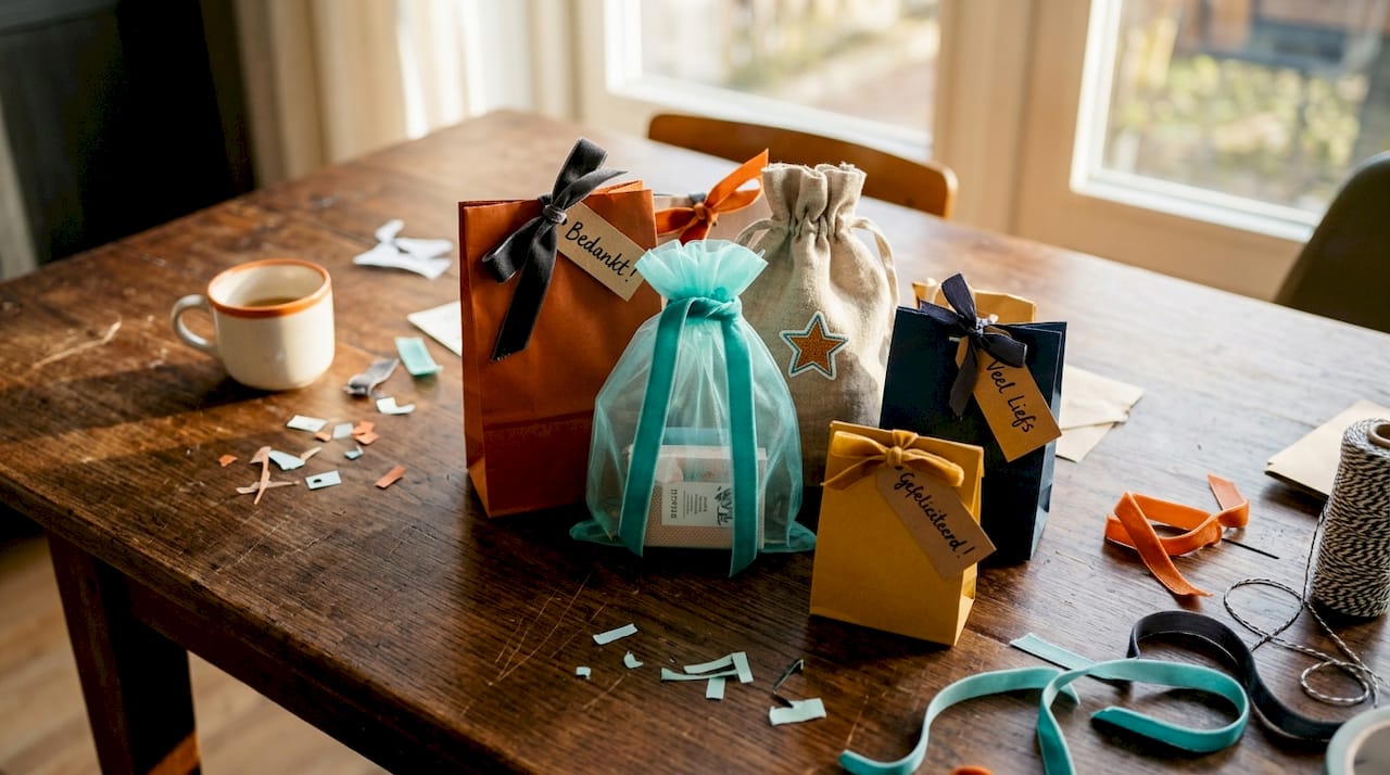 Op de eettafel staan verschillende kleurrijke cadeauzakjes klaar.