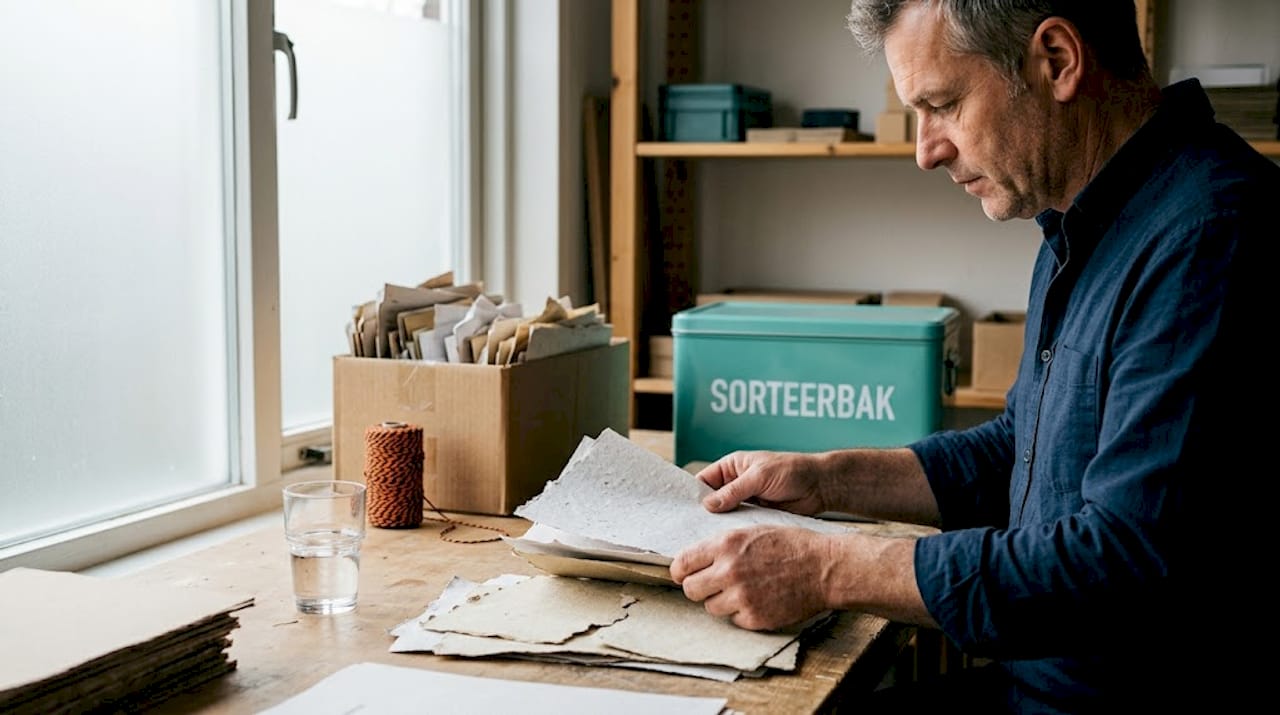 Een man is bezig met het sorteren van oud papier in zijn atelier.