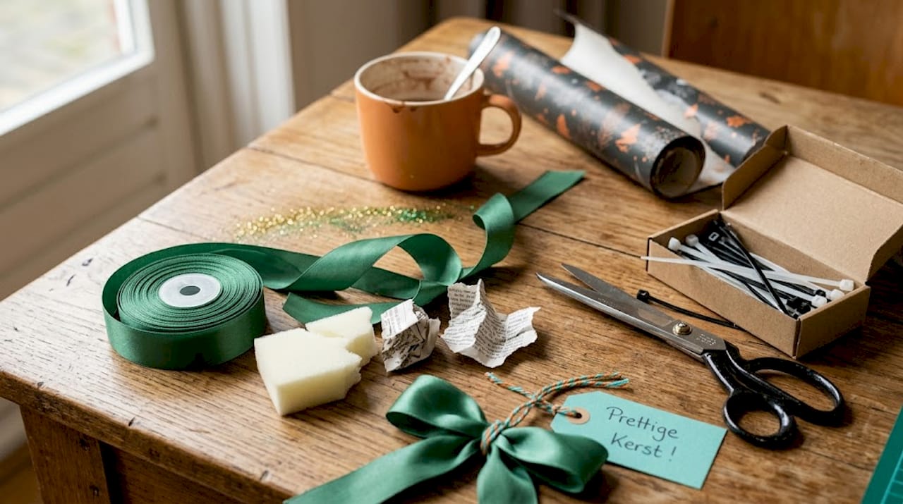 Op tafel liggen allerlei knutselspullen om leuke kerststrikken te maken.