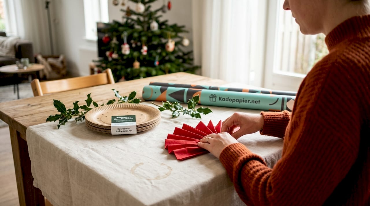 Een vrouw vouwt papieren servetten mooi op voor de kersttafel.