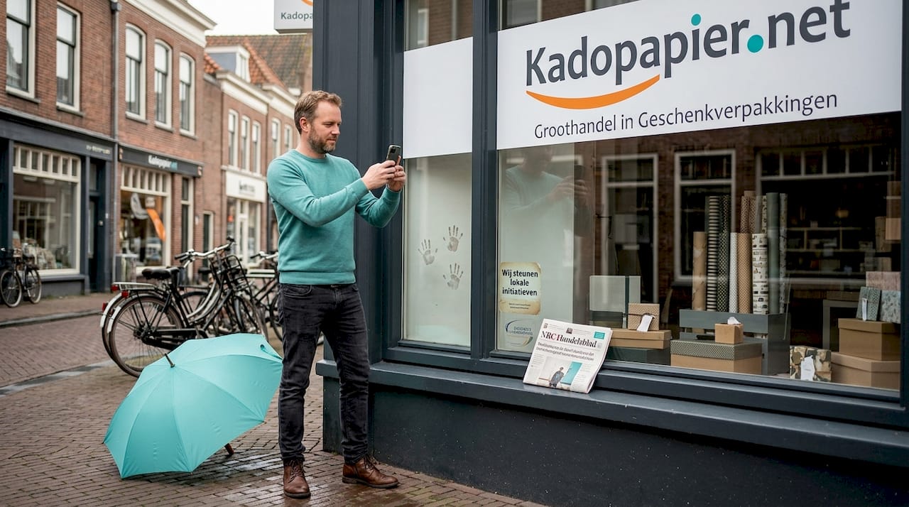 Een ondernemer neemt een foto van zijn eigen winkelruit terwijl hij op het trottoir staat.