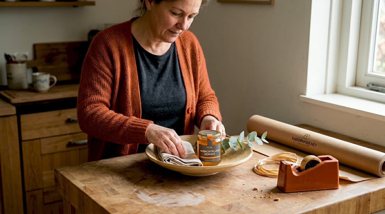 Een vrouw stelt een cadeau samen en presenteert dit op een bamboeschaal.