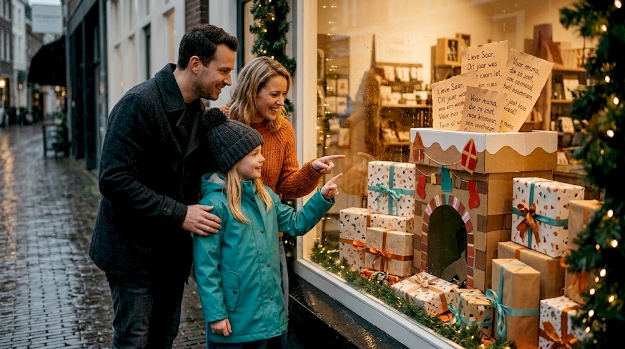 Een gezin staat vol bewondering voor een sfeervolle Sinterklaasetalage, compleet met een schoorsteen waar de goedheiligman zijn cadeautjes door zou kunnen laten glijden.