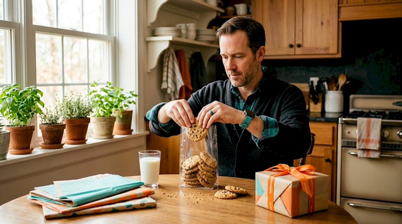 Thuis vult een man een blokbodemzakje met zelfgebakken koekjes.