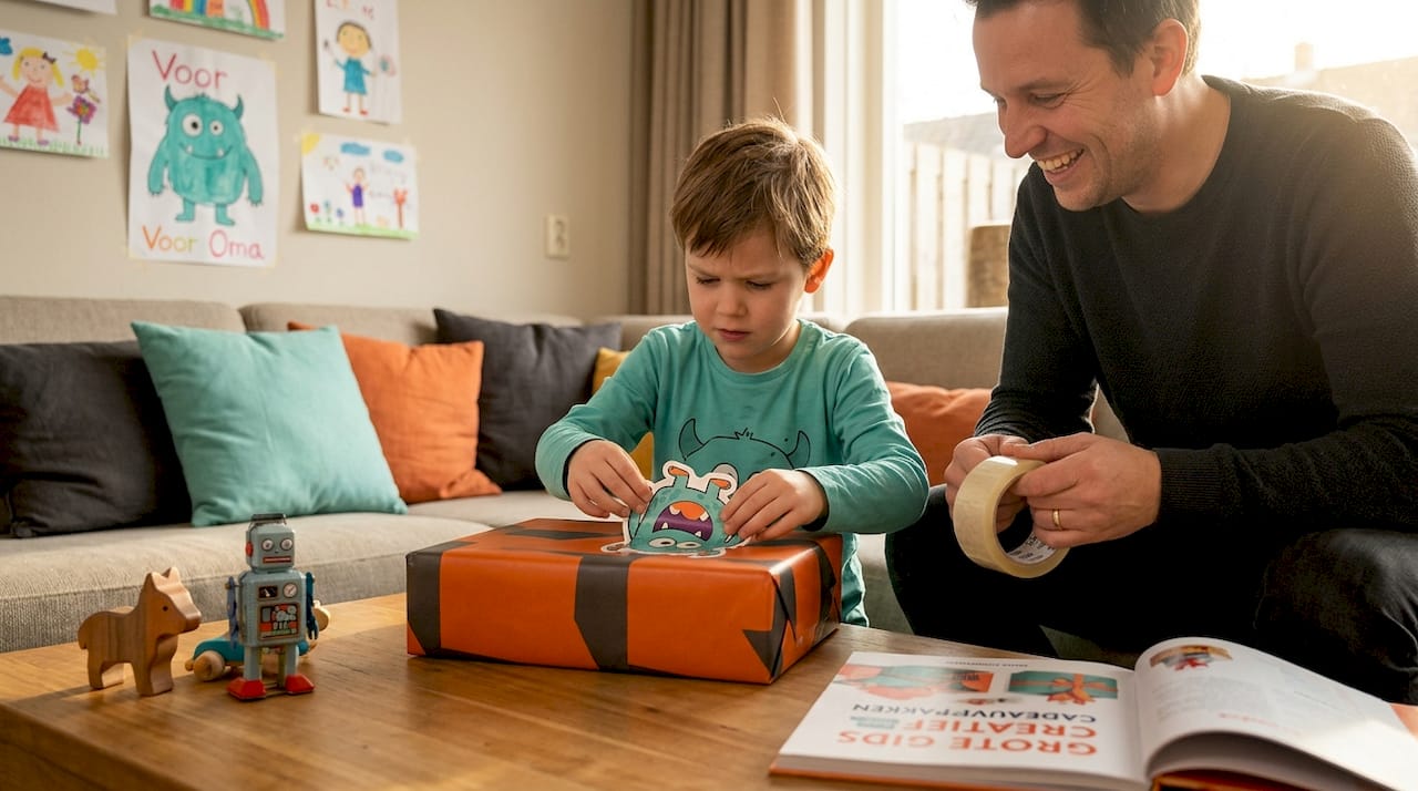 Samen met een ouder plakt een kind een sticker op een cadeau.