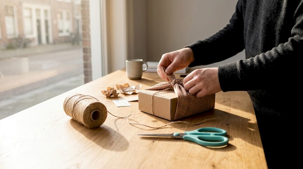 Handen die een cadeau inpakken met een traditionele furoshiki-doek