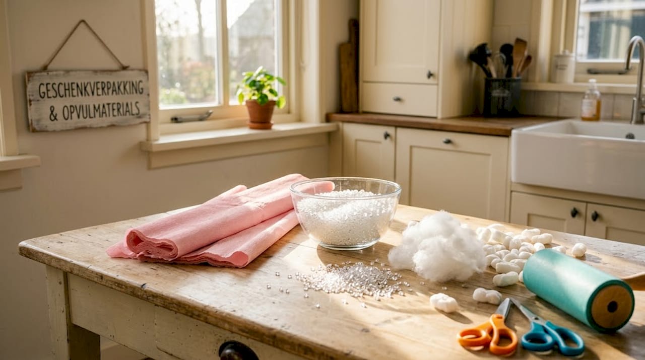 Diverse soorten vulmateriaal uitgestald op een houten tafel