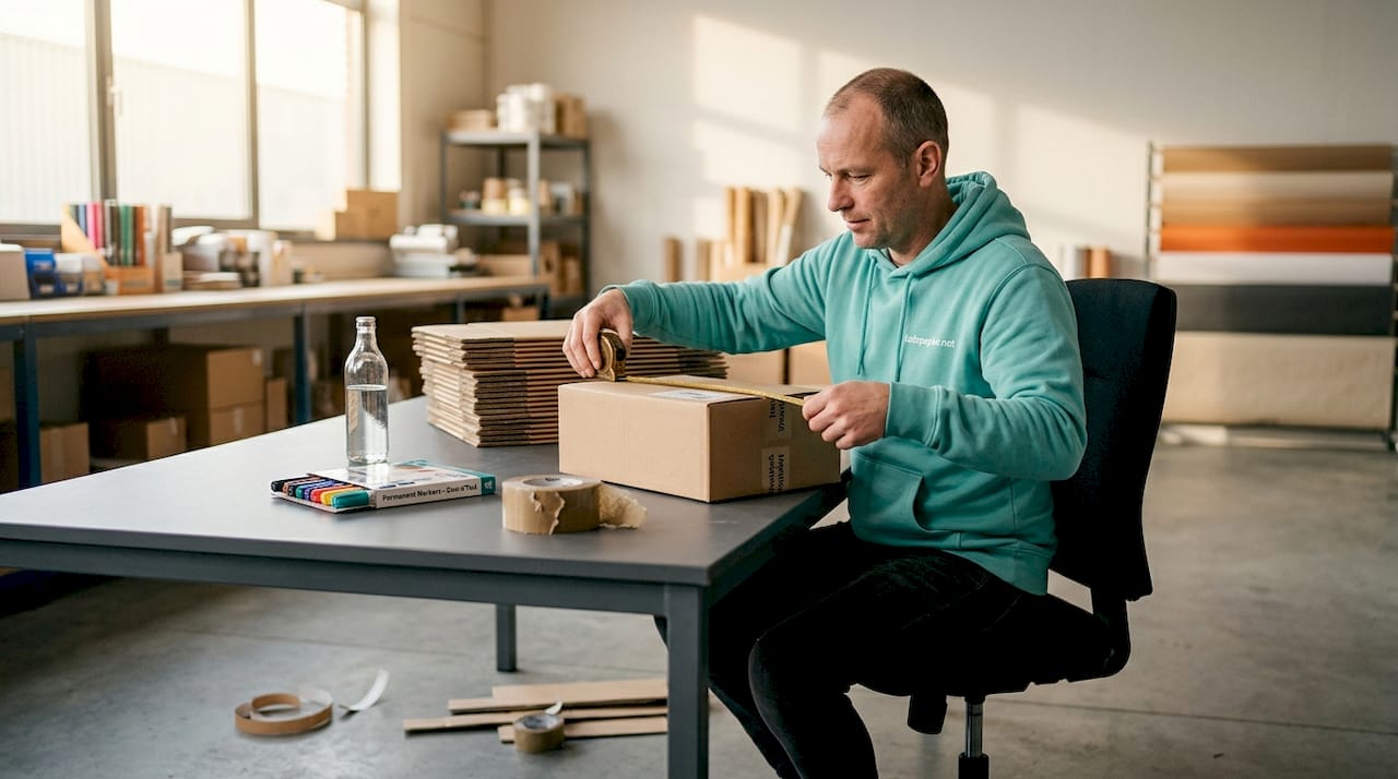 Een medewerker staat bij het magazijnkantoor de afmetingen van een doos op te meten.