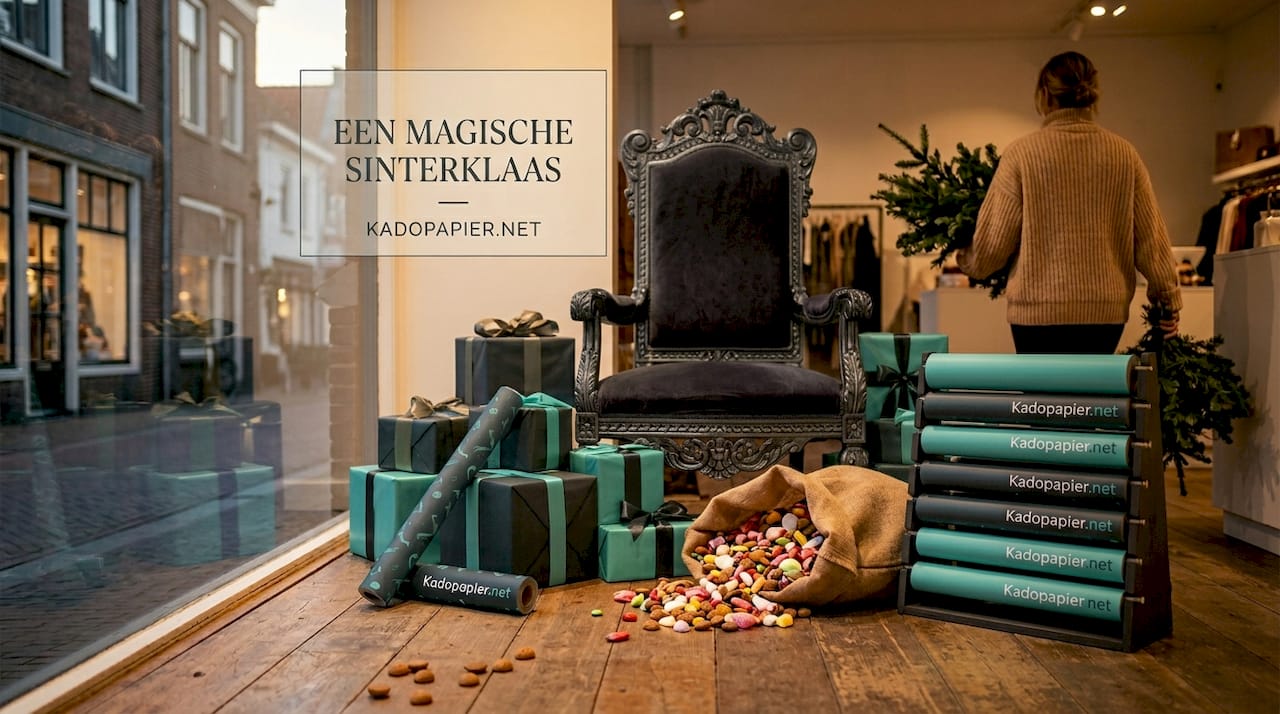 Sfeervol aangeklede Sinterklaasstoel als blikvanger in de etalage