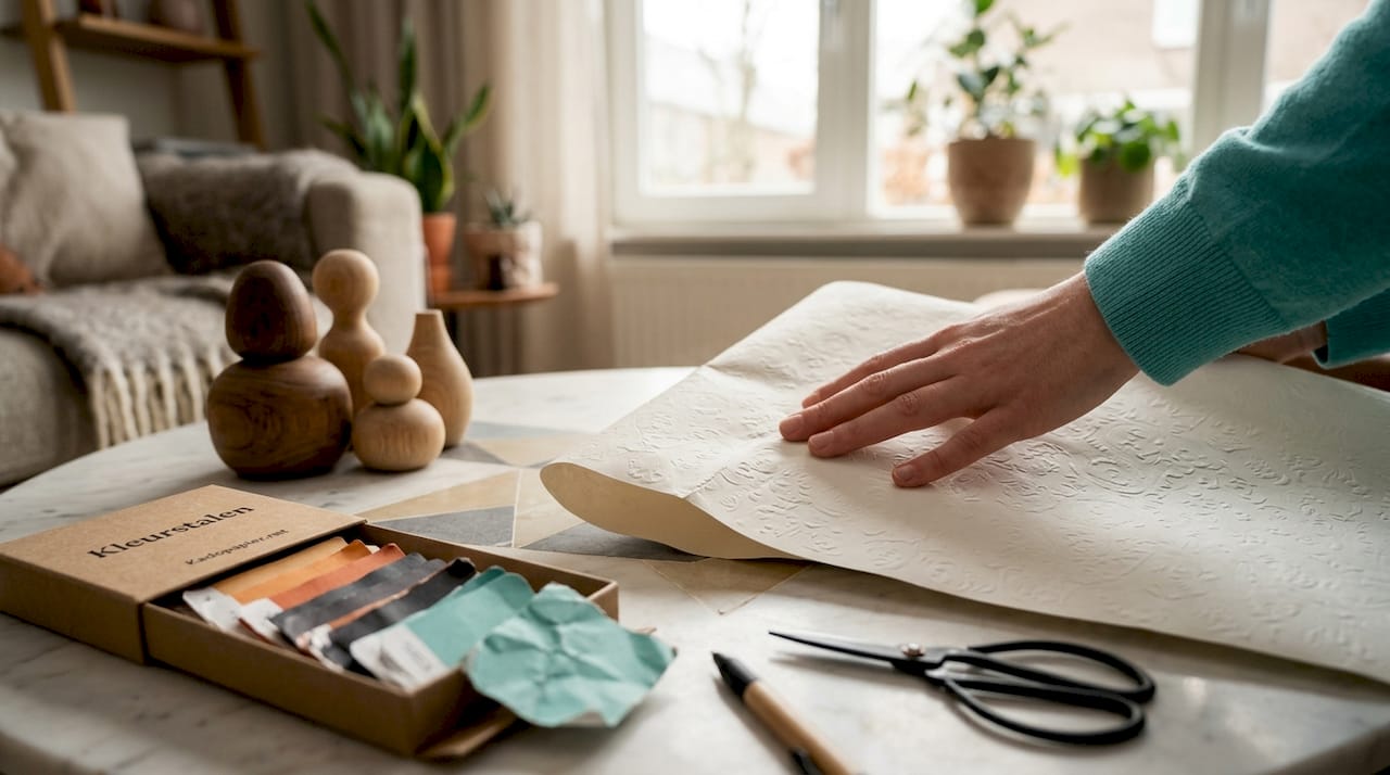 Met mijn hand voel ik de structuur van het cadeaupapier.