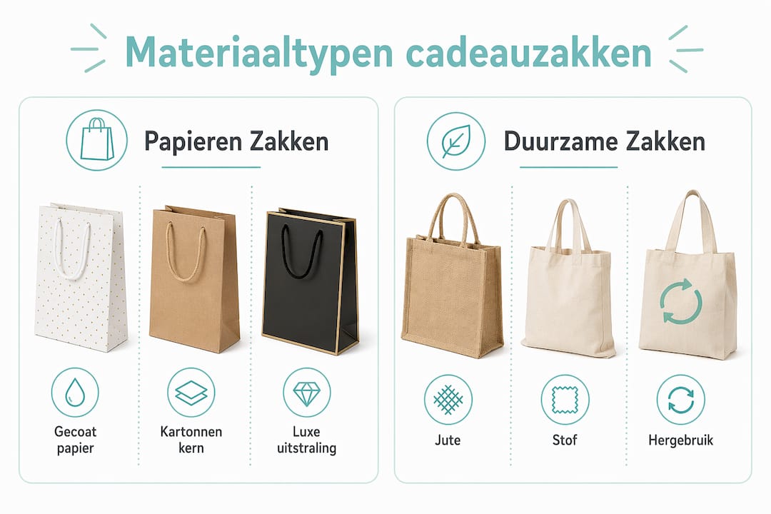 Overzichtelijke infographic waarin de verschillende materialen van cadeautasjes met elkaar worden vergeleken