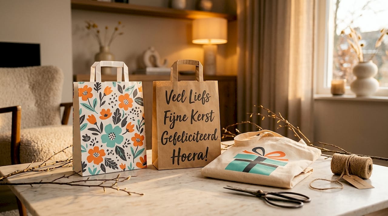 Een selectie cadeauzakjes met verschillende thema’s ligt uitgestald op een houten tafel.