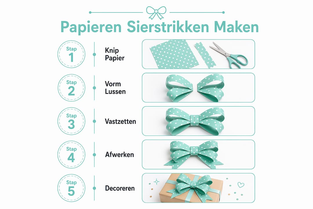 Overzichtelijke infographic met een stappenplan voor het maken van papieren strikjes