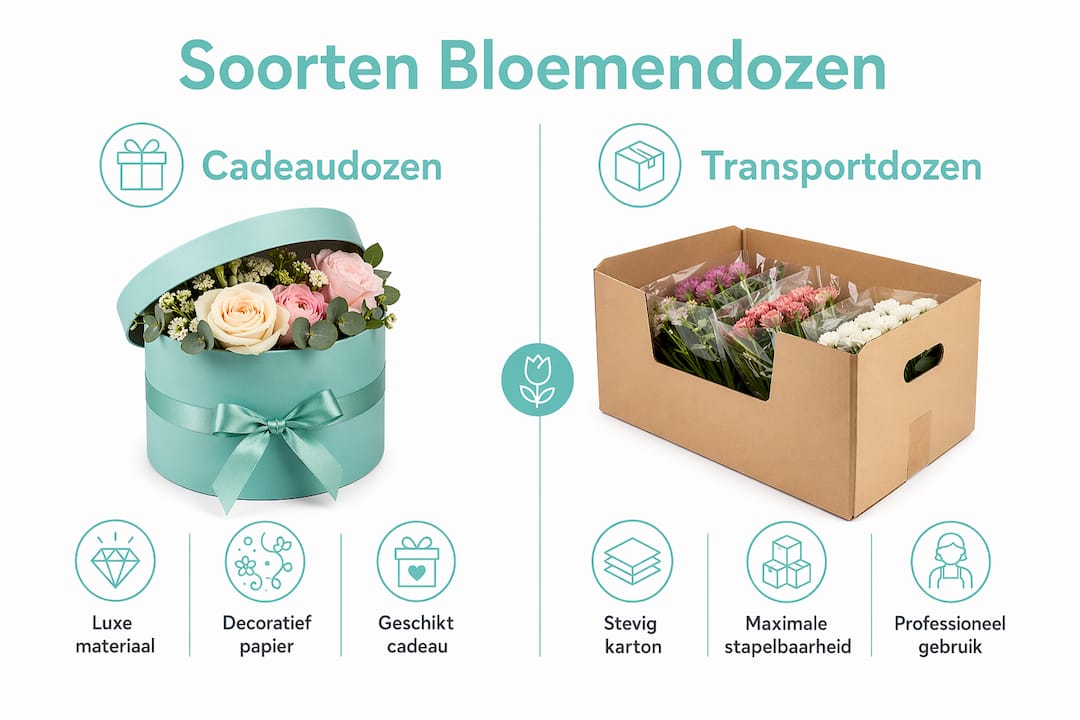 Infographic: de verschillen tussen geschenkdozen en transportdozen voor bloemen op een rij