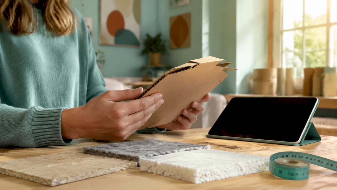 Een paar handen laten een FSC-gecertificeerde kartonnen doos en duurzame productvoorbeelden zien.