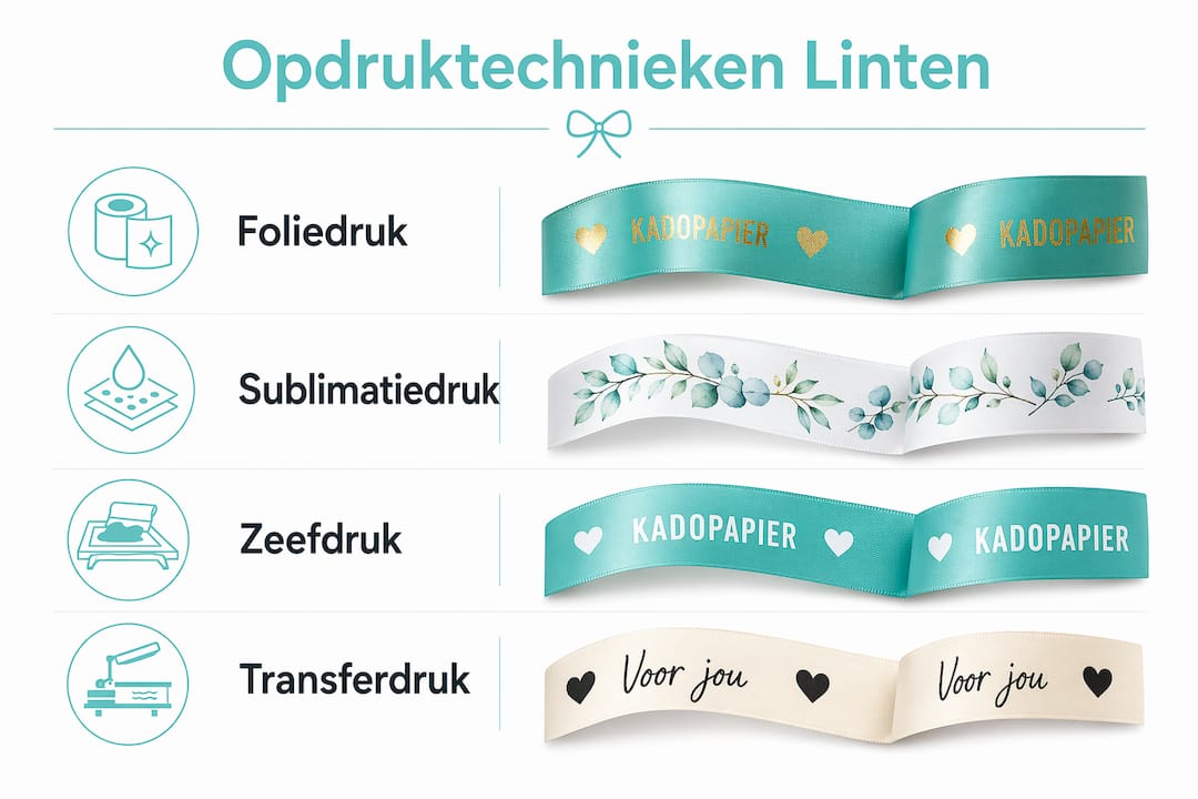 Handige infographic met een duidelijk overzicht van de verschillende bedrukkingsmogelijkheden voor linten
