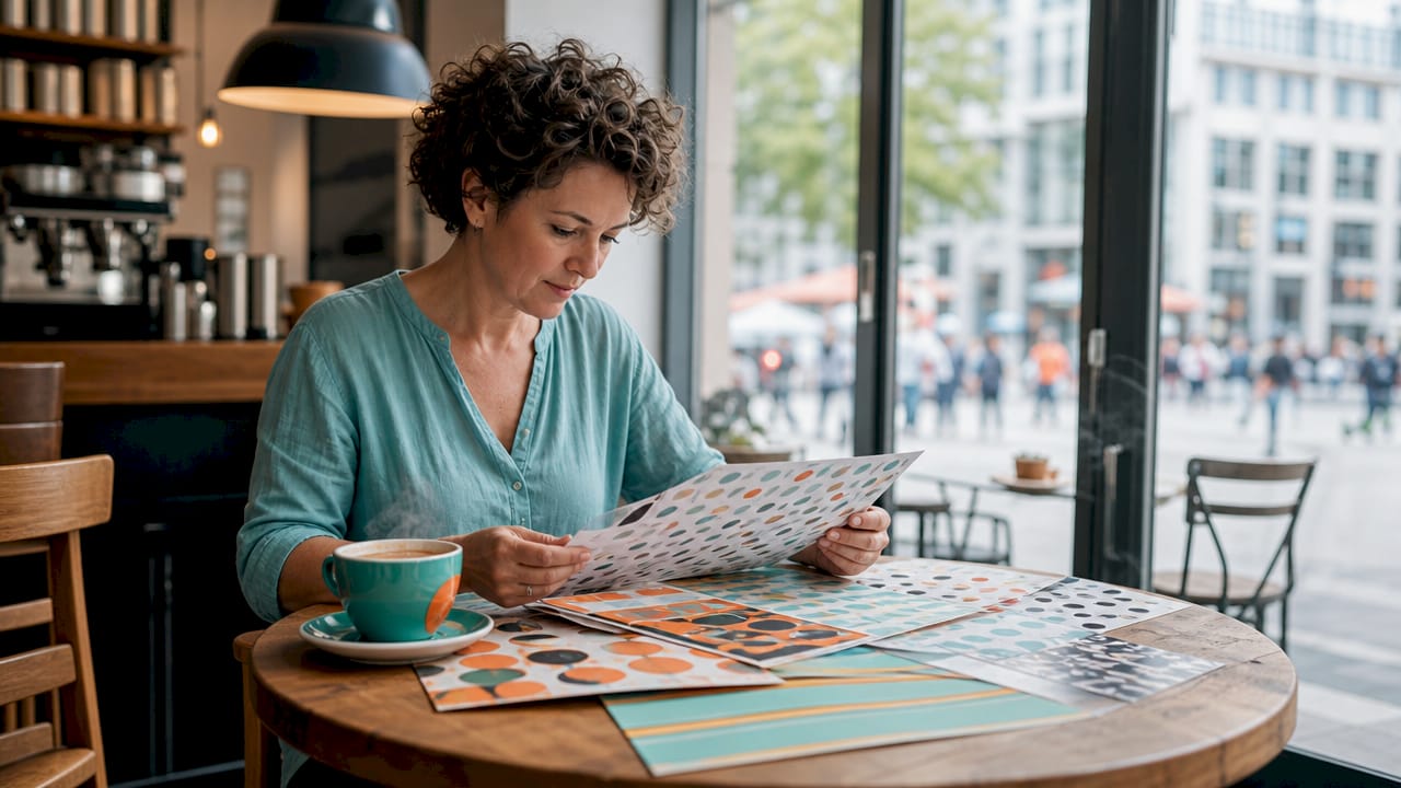 Een ontwerper bekijkt zorgvuldig de prints van gepersonaliseerd cadeaupapier om te beoordelen of alles naar wens is.