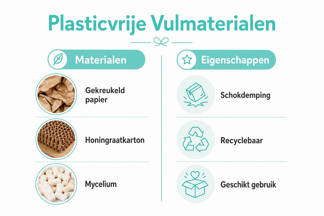 Overzichtelijke infographic waarin verschillende plasticvrije opvulmaterialen met elkaar worden vergeleken