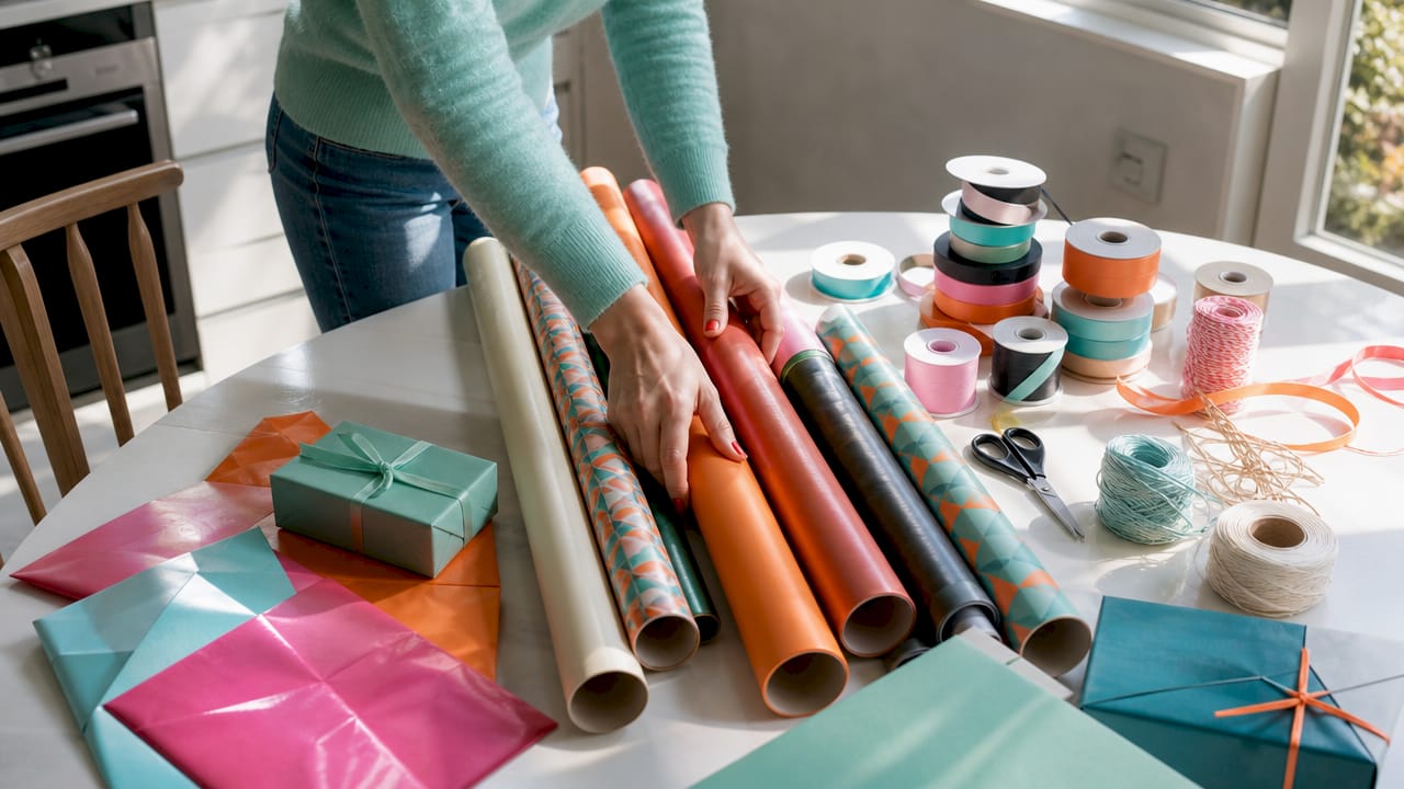 Van bovenaf zie je handen die verschillende materialen uitkiezen om cadeaus mee in te pakken.