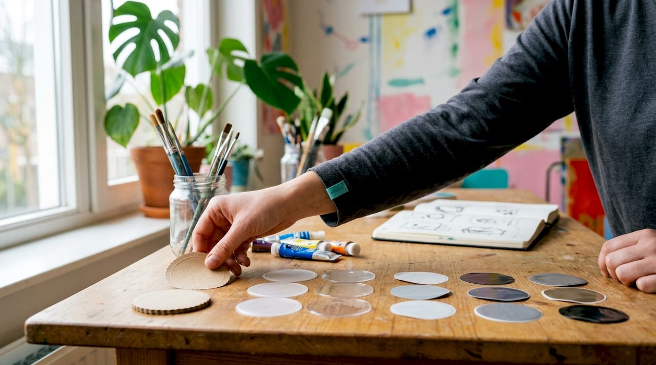 Verschillende papieren en plastic sluitstickers liggen op het bureau klaar om te gebruiken.