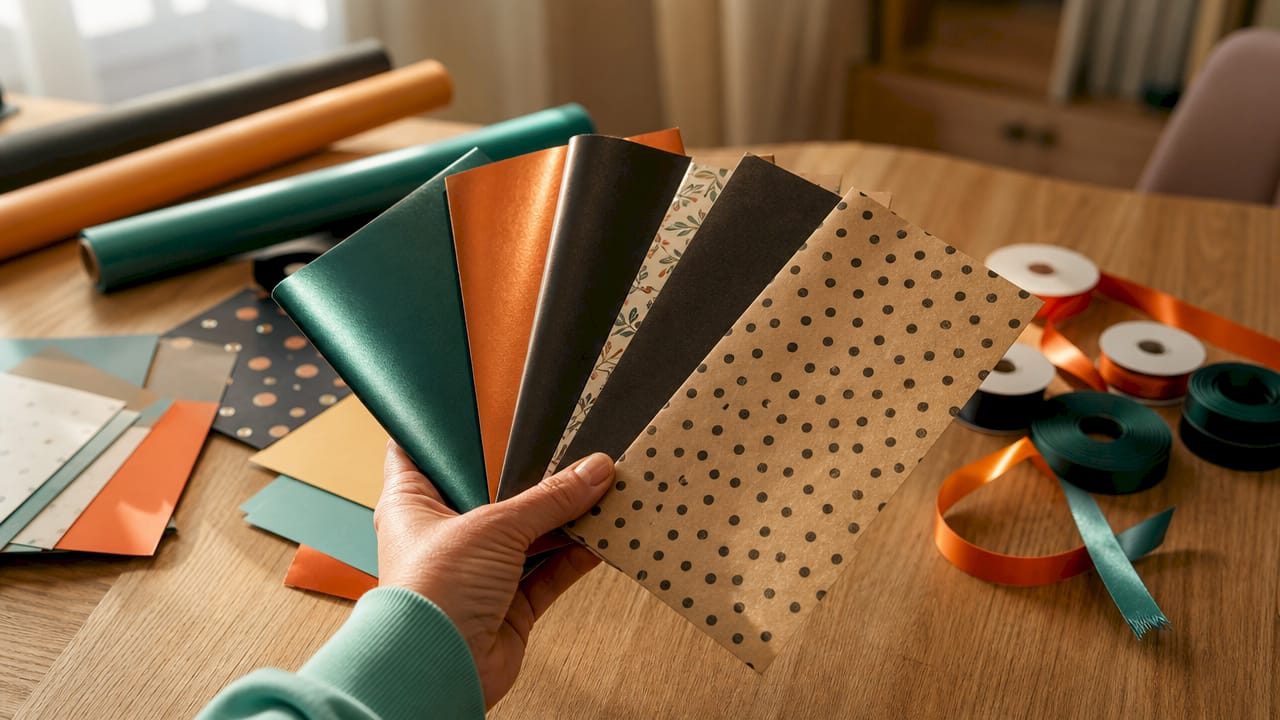 Een hand laat verschillende industriële cadeaupapierstalen zien met diverse coatings.