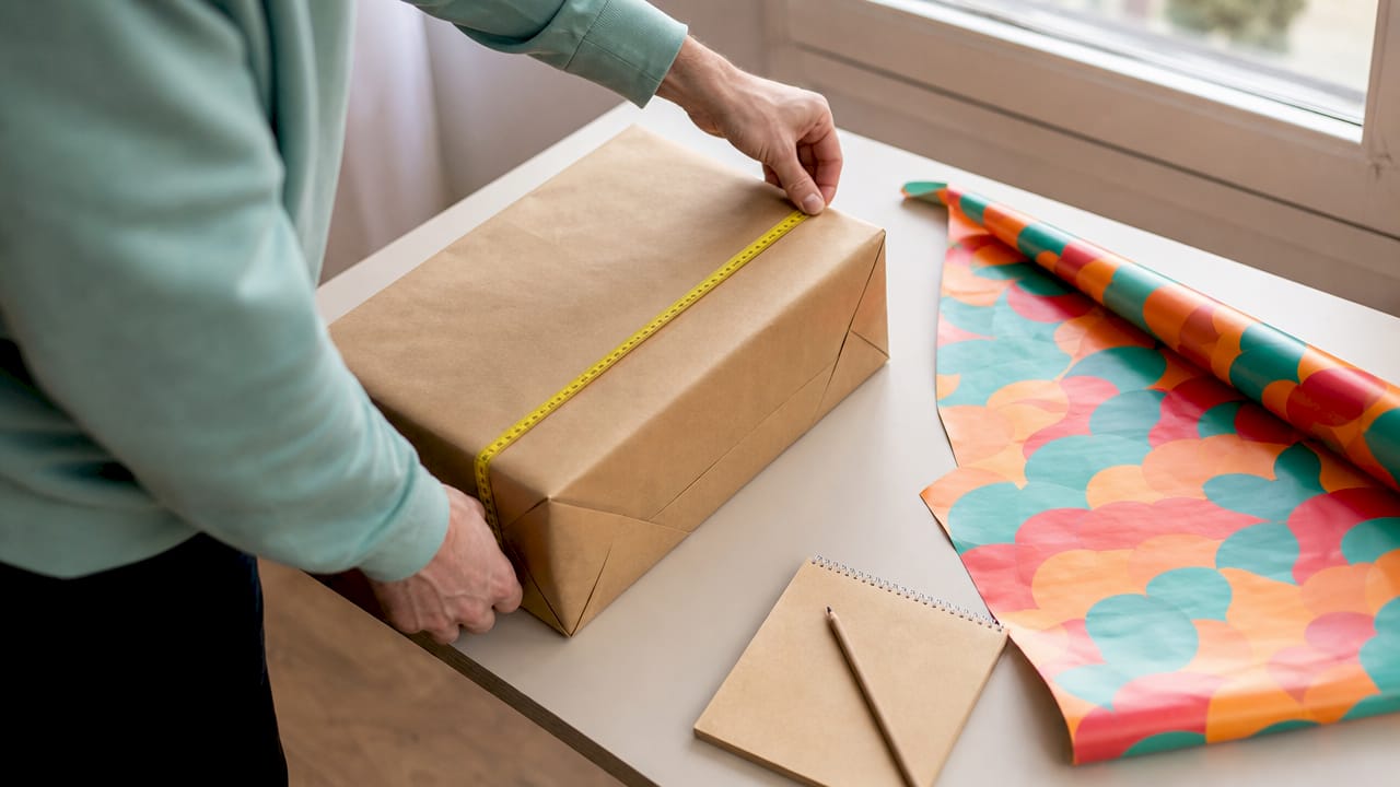Met de handen de schoenendoos opmeten om te bepalen hoeveel cadeaupapier nodig is.